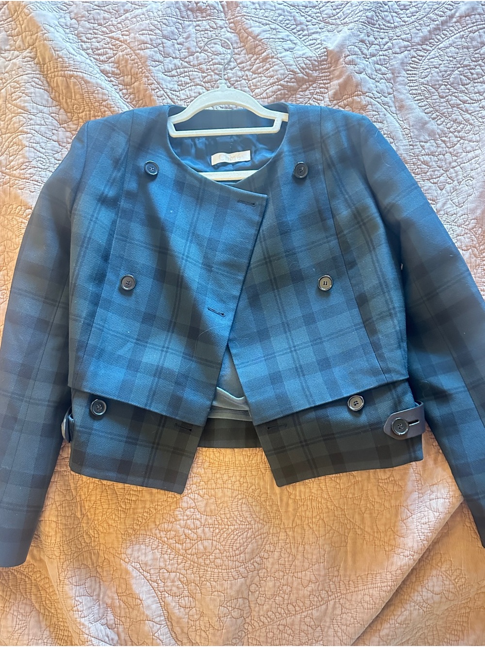 Chloé Blue Plaid Cropped Wool Jacket - Picture 2 of 7